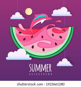 Slice of watermelon with sea or osean landscape and dolphin inside. Summer beach background. Cut out paper art style design. Origami