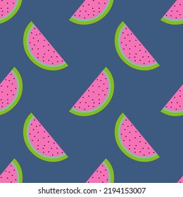 Slice watermelon seamless vector illustration pattern isolated on navy blue background. Design for use backdrop wallpaper all over fabric print and others.