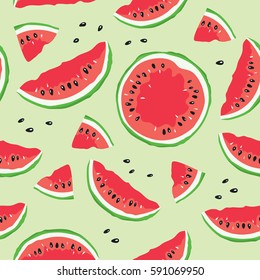 Slice of watermelon / Seamless vector pattern with watermelon slices on light green background