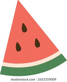 A slice of watermelon with seeds in a geometric style. The triangular fruit piece features a simple design with bold shapes. Cartoon vector illustration.