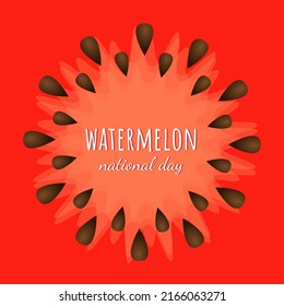Slice of watermelon with seeds. Red summer background. Watermelon Day. Summer watermelon background. Vector illustration. Design card, brochure, cover, wallpaper.