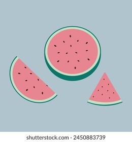 slice watermelon.  set of whole and slices watermelon fruit isolated.