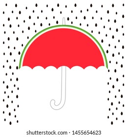 A slice of watermelon in the shape of an umbrella and watermelon seeds as raindrops. Vector stock illustration isolated on white background.