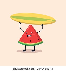 Slice of watermelon, shaped like a character, is holding a yellow surfboard above its head.  The character has large eyes, a wide smile, and simple limbs. The overall style is cartoonish and cheerful.