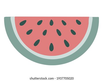 A slice of watermelon for a snack. Healthy natural tropical fruit. Vector flat illustration, hand drawn. Isolated object, element on a white background.