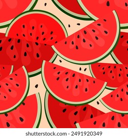 A slice of watermelon with stones on an orange background. Seamless vector pattern.