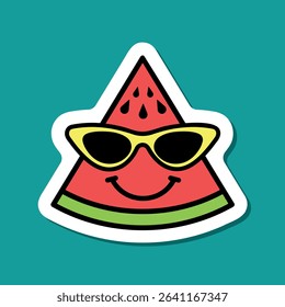 slice of watermelon with sunglasses sticker, smiling red fruit wearing glasses, summertime symbol, vector design element