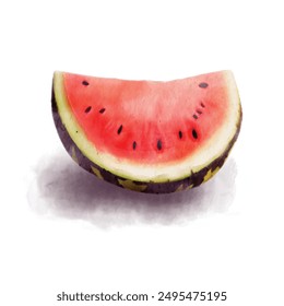Slice of watermelon in watercolor style. This artwork captures the refreshing and juicy essence of watermelon, perfect for summer-themed designs, and food illustrations