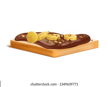 Slice of wheat bread with peanut butter, chocolate cream or nougat spread realistic with banana slices and ground nuts vector isolated on white background. Sweet sandwich breakfast, toast illustration