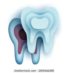 Slice white tooth silhouette in modern creative style. Minimalistic design concept. Healthcare medical composition art element. Paper cut layer vector illustration.