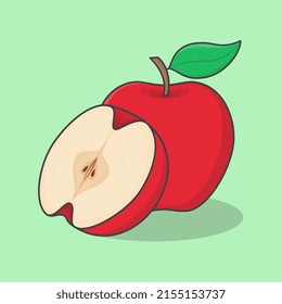 Slice And Whole Of Apple Cartoon Vector Illustration. Fresh Apple Fruit Flat Icon Outline