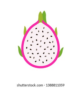 slice of whole dragon fruit, Summer tropical fruit, cartoon flat icon, vector illustration sketch isolated on white background