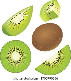 Slice and whole of fresh kiwi. Set of fresh kiwi isolated on white background.