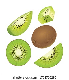 Slice and whole of fresh kiwi. Set of fresh kiwi isolated on white background.