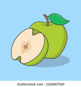 Slice And Whole Of Green Apple Cartoon Vector Illustration. Fresh Apple Fruit Flat Icon Outline