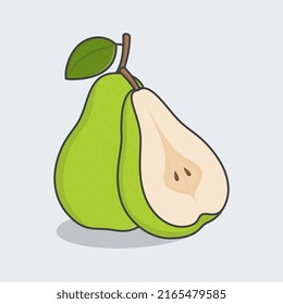 Slice And Whole Of Green Pear Fruit Cartoon Vector Illustration. Fresh Pear Fruit Flat Icon Outline