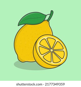 Slice und Ganzes von Lemon Cartoon Vektorgrafik. Frische Zitronenfrucht-Flach-Symbol - Übersicht