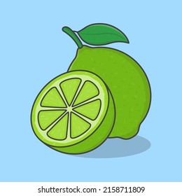 Slice And Whole Of Lime Cartoon Vector Illustration. Fresh Lime Fruit Flat Icon Outline