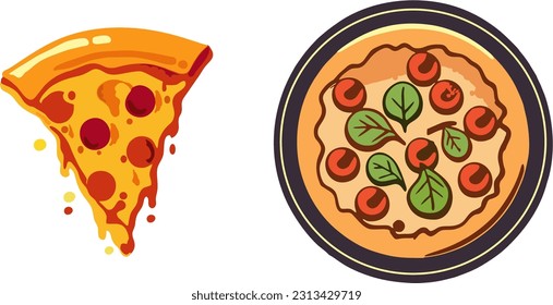 Slice and Whole of Pizza Melted Cartoon Vector Icon Illustration