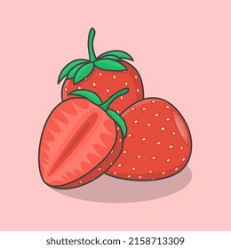 Slice And Whole Of Strawberry Cartoon Vector Illustration. Strawberry Fruit Flat Icon Outline
