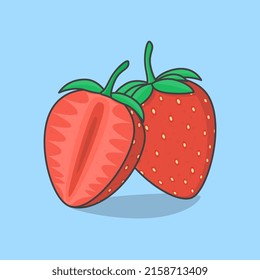 Slice And Whole Of Strawberry Cartoon Vector Illustration. Fresh Strawberry Fruit Flat Icon Outline