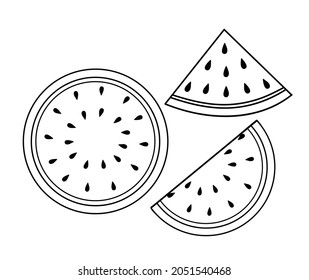 Slice and whole of watermelon outline. Coloring page. Vector illustration isolated on white.