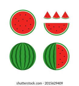 Slice and whole watermelon set. Vector illustration. Sweet watermelon isolated on white background.