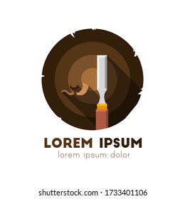 Slice of wood, cut tree with age rings and chisel as logo concept. Vector illustration in flat design isolated on white background.