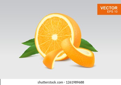 Slice of yellow orange realistic 3D illustration, design element. Half of orange with leaf and peel 