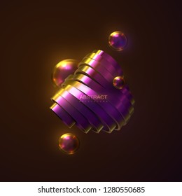 Sliced abstract surface. Vector futuristic illustration. Gold and purple dynamic shapes with thin film reflection effect. 3d relief with curved ribbons. Decoration element. Modern cover design