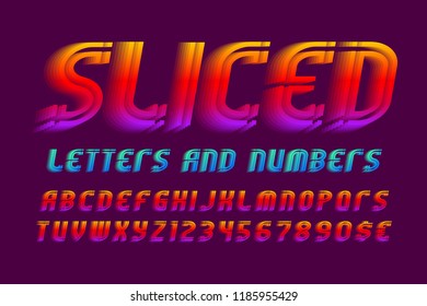 Sliced alphabet with numbers and currency signs. Colorful vibrant font. Isolated english alphabet.