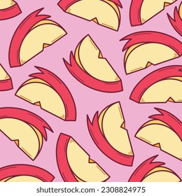 manzana en rodajas con una linda ilustración vectorial de corte de conejo aislada en el fondo rosa cuadrado. Sencillo dibujo de dibujos animados planos estilizados con dibujos de frutas.