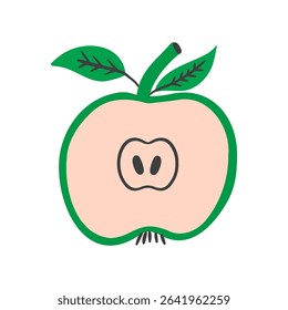 Sliced ​​green apple fruit with leaves and stem. Vector hand drawn illustration. 