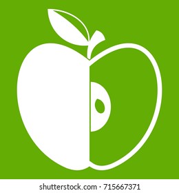 Sliced apple icon white isolated on green background. Vector illustration