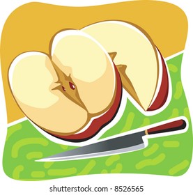  a sliced apple and knife in a table	