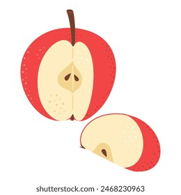 Manzana roja cortada con conjunto de dibujos animados en cuña de manzana. Corte transversal de manzana cortada, rebanadas de fruta, dibujado a mano estilo plano de moda aislado en blanco. Ilustración vectorial