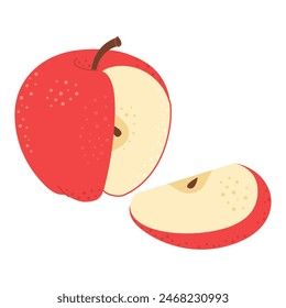 Manzana roja cortada con conjunto de dibujos animados en cuña de manzana. Corte transversal de manzana cortada, rebanadas de fruta, dibujado a mano estilo plano de moda aislado en blanco. Ilustración vectorial