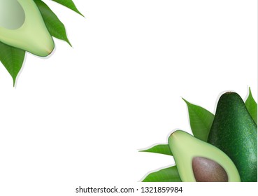 Sliced avocado background with leaves. Avocados seed with leaf.  Avocado halves. Top view with space for text. Vector Illustration.