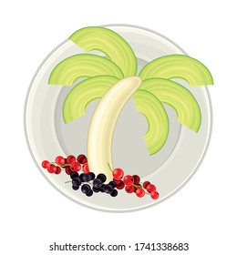 Sliced Avocado and Banana Arranged in the Shape of Palm Tree Above View Vector Illustration