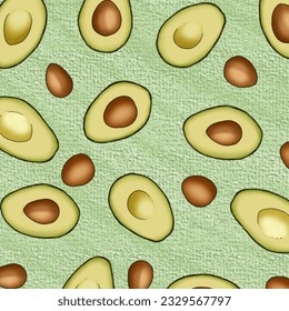Sliced avocado fruit vector illustration on the green watercolor background.