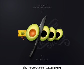 Sliced avocado on a black background. Culinary composition of avocado and knife. Tasty and healthy food. Vector illustration of a top view.