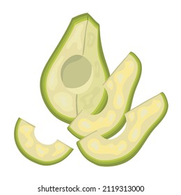 Sliced avocado set, flat vector fruits, hand drawn isolated on white. Healthy vegan food, ecological products.
