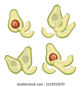 Sliced avocado set, flat vector fruits, hand drawn isolated on white. Healthy vegan food, ecological products.