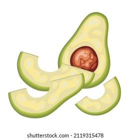 Sliced avocado set, flat vector fruits, hand drawn isolated on white. Healthy vegan food, ecological products.