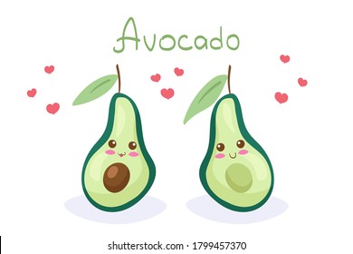 Sliced Avocado vector characters with hand drawn lettering isolated on white background. Cute cartoon nutritious vegetable. Kawaii style happy smiling healthy food mascot. Menu, fabric print design.