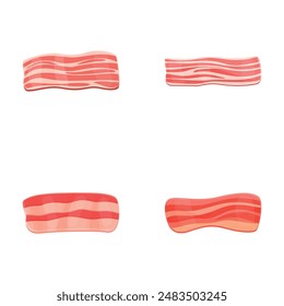 Sliced bacon icons set cartoon vector. Four strip of fried crispy bacon. Traditional breakfast ingredient