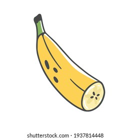 Sliced banana in cartoon doodle style isolated on white background. Vector doodle illustration.