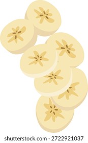 Bananas fatiadas dispostas em uma linha diagonal sobre um fundo branco com um estilo de ilustração simples e uma paleta de cores amarela quente.