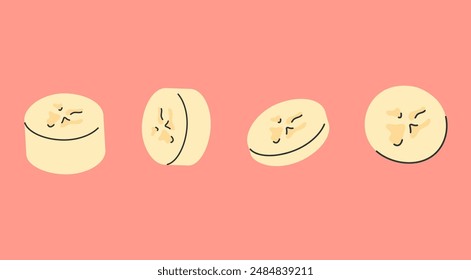 Sliced bananas different sizes and angles. Chopped banana pieces without peel