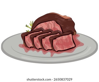 ​ ​rosbife fatiado em uma placa branca, ilustração vetorial.